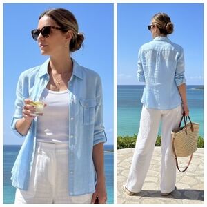 NWOT Saks Fifth Avenue L Lagenlook Euro Chic Resortwear Linen Button Down Shirt